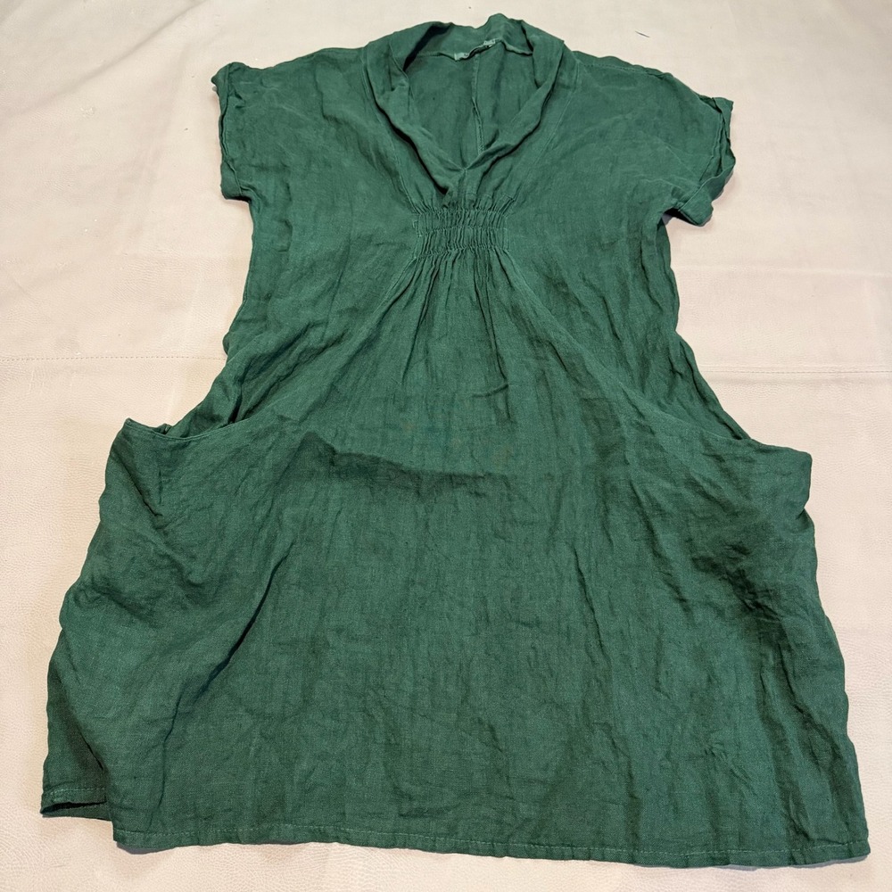 Meo Meli Green 100% Pure Linen Short Sleeve Smocked V-Neck Tunic Dress Lagenlook